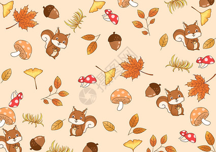 落叶和白蘑菇秋天壁纸插画