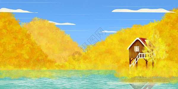 秋季的水边小木屋高清图片