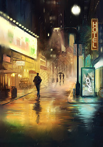 油画效果雨后的街头插画