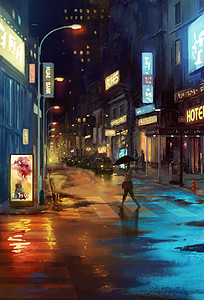 油画效果雨后的街道插画