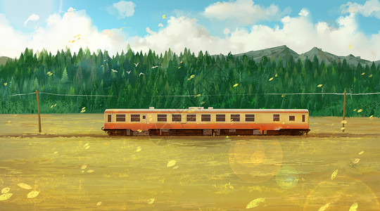 山林生活行驶在秋天里的列车插画