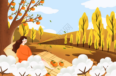 秋天野餐的女孩插画图片