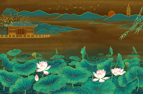 喜马偕尔中式庭院荷塘插画