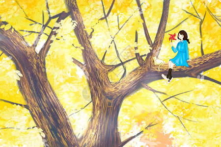 秋天坐在树上的女孩背景图片