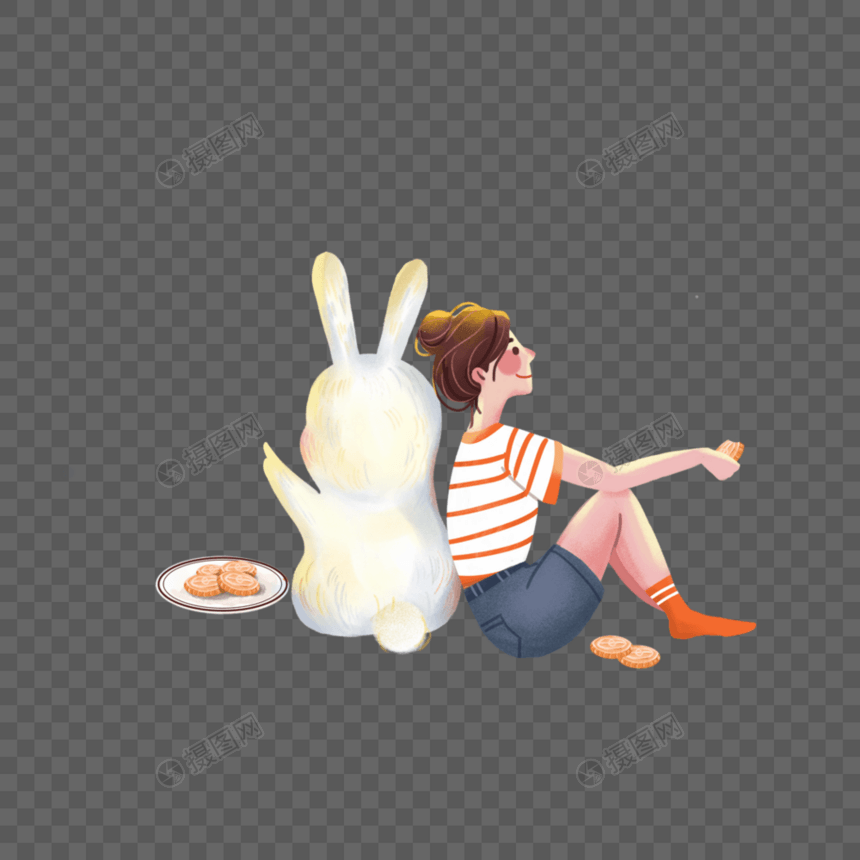 靠着玉兔吃月饼的女孩图片
