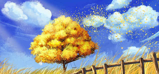 树叶黄色秋天被风吹散的树叶插画