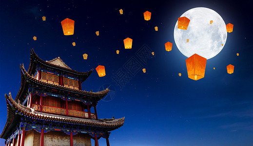 海边赏月中秋节背景设计图片