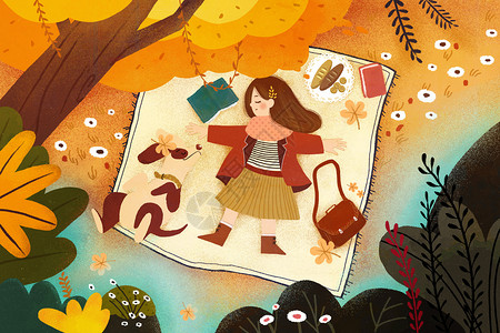 秋日动物秋天公园里野餐午睡的女孩插画