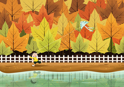 秋天的风与放风筝的小男孩背景图片
