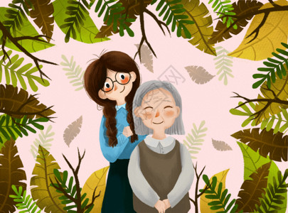 外婆和孙女重阳节陪伴老人GIF高清图片