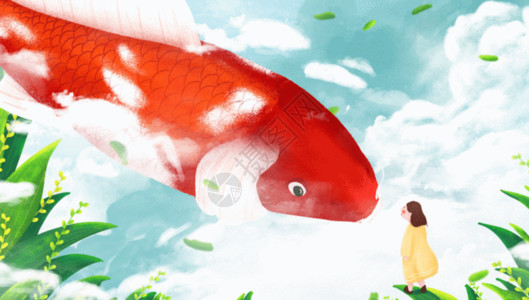 两只红色小金鱼国潮风锦鲤与女孩GIF高清图片