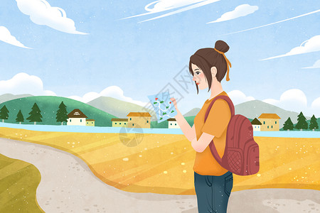 田野里的风景秋季旅行游玩看攻略插画