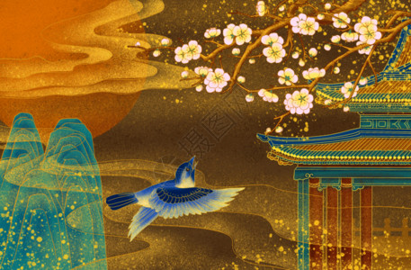 中国古代城市烫金桃花庭院GIF高清图片