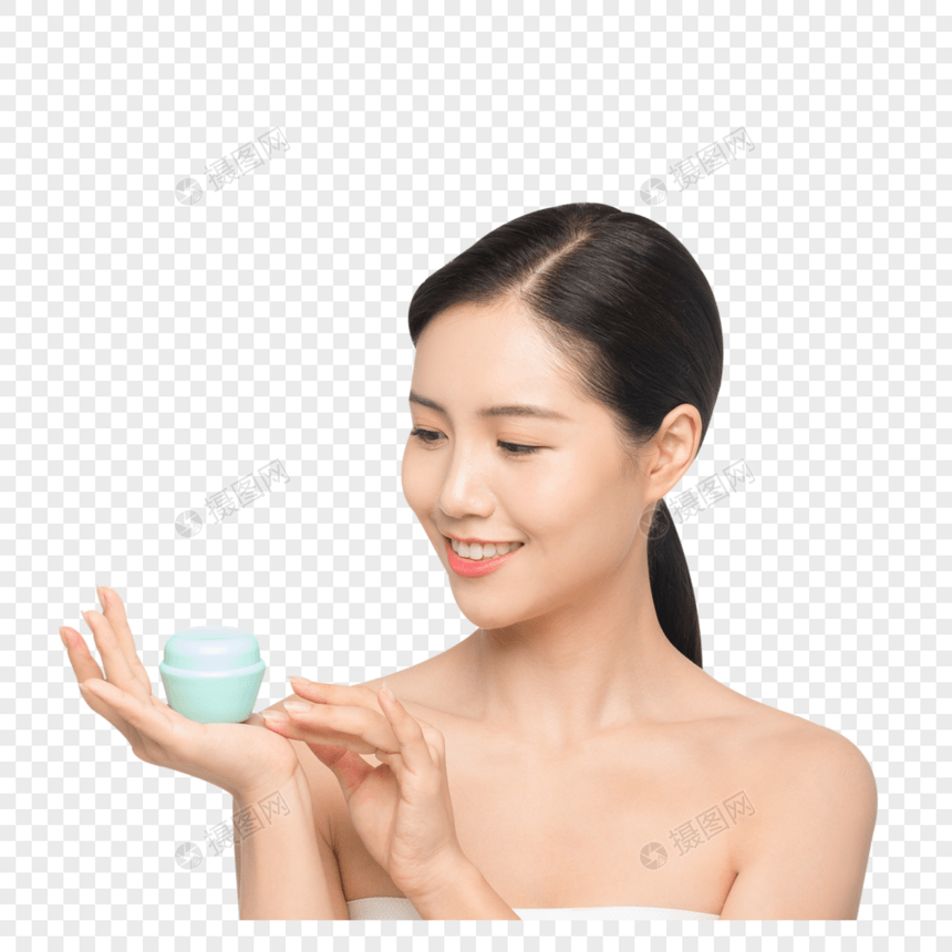 女性手拿护肤乳液展示图片