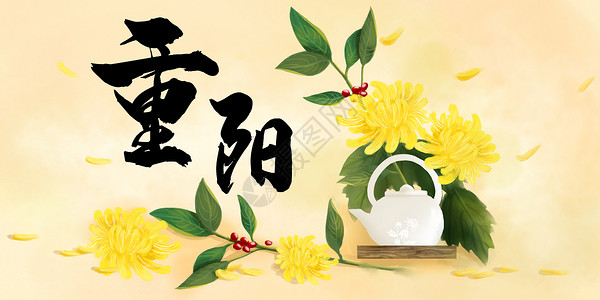 决明子菊花茶重阳节菊花茶与茱萸插画