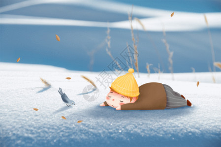 七彩鸟雪地里睡觉的男孩高清图片