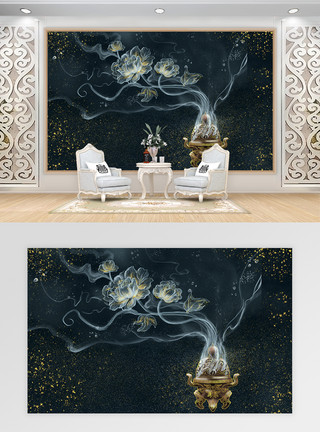 工笔白描素材中国风黑金花卉电视背景墙模板