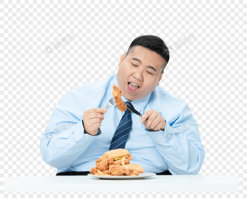 肥胖商务男性吃炸鸡图片