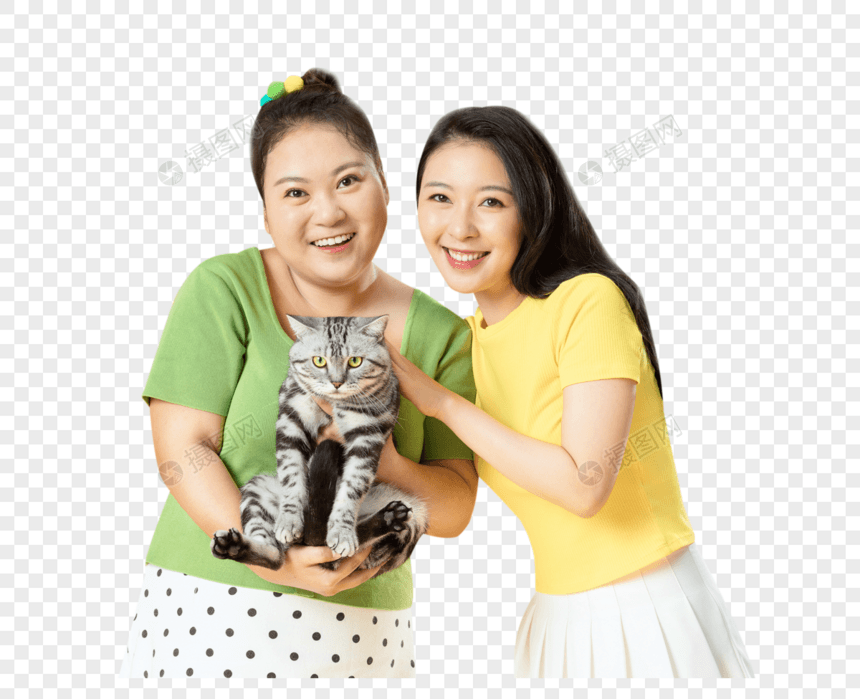 胖瘦姐妹一起喝猫玩耍图片