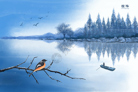 枯树枝上的小鸟霜降渐凉的早上插画