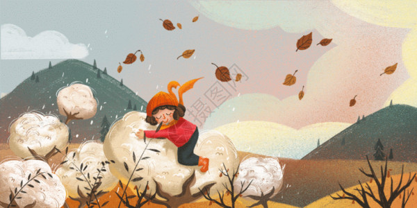 棉花背景霜降穿厚衣服的小女孩GIF插画动图高清图片