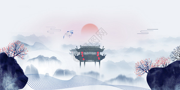 站岗亭中国风水墨背景设计图片