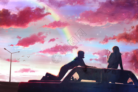 彩虹和云朵黄昏下旅行的情侣插画