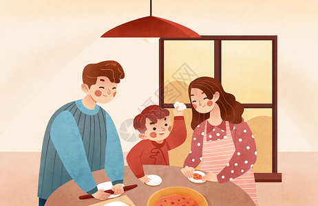 一家人一起看电视一起包饺子插画