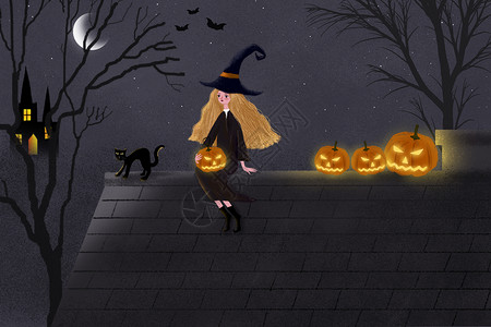 手绘黑猫万圣节孤独的黑女巫插画