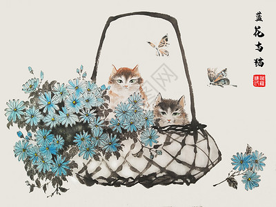 中国风手提袋蓝花与猫插画