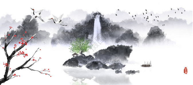 瀑布水墨中国风水墨山景设计图片