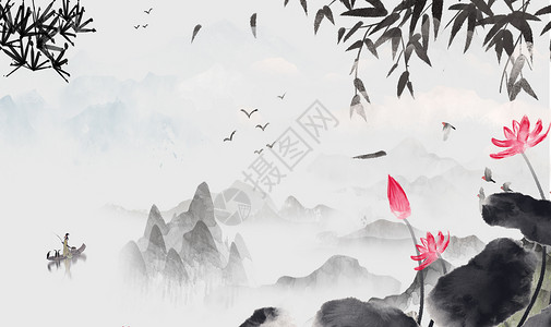 水墨淡雅中国风水墨山水设计图片
