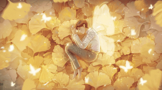 蝴蝶园艺术秋季秋天落叶上的孤独少年GIF高清图片