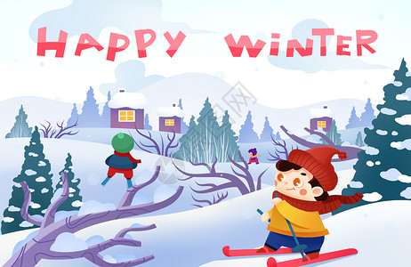 快乐冬季滑雪男孩插画