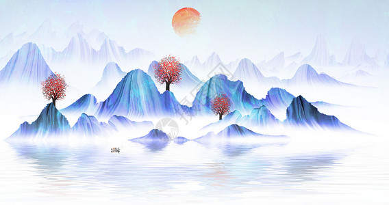 彩色抽象装饰画彩色中国风山水水墨插画插画