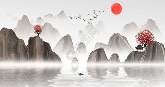 鸟鸟中国风山水水墨插画插画