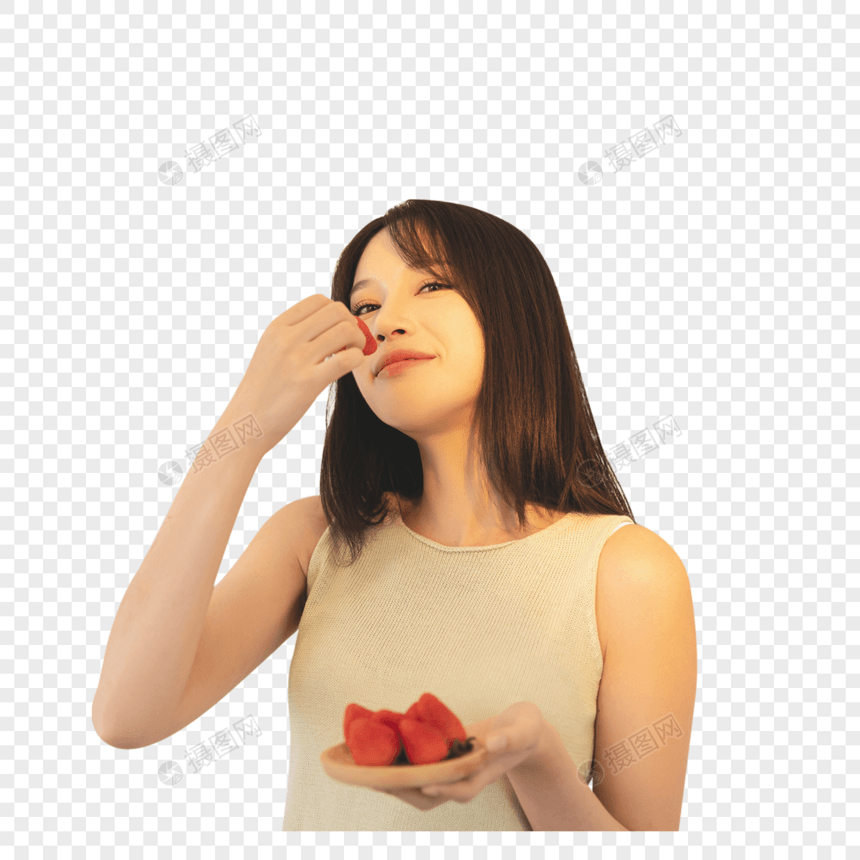 居家女性吃草莓图片