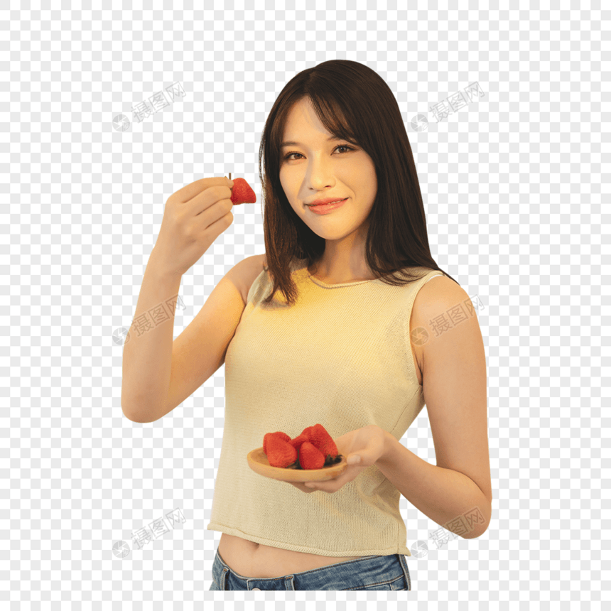 居家女性吃草莓图片