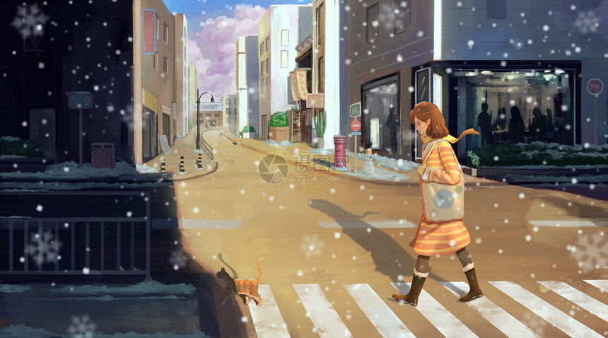 冬日雪中逛街的女孩图片