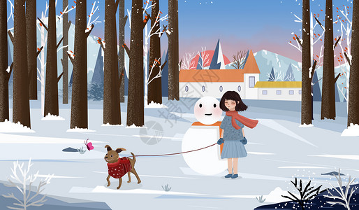 立冬户外遛狗插画配图背景图片
