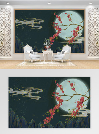 工笔白描中国风黑金花卉桃花电视背景墙模板