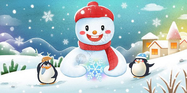 冬天雪景雪人与企鹅背景图片