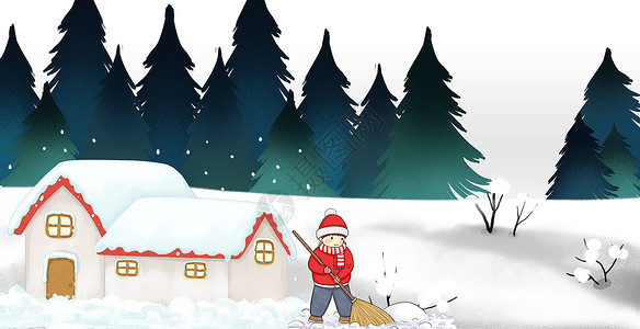 背着耙子男孩冬季雪地设计图片