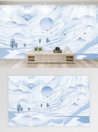蓝天山水大理石纹理中国风山水背景墙模板
