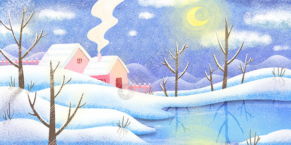 结冰的冬天夜晚雪景插画