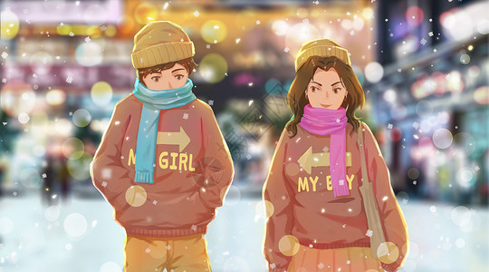 夜景雪雪中的恋人插画