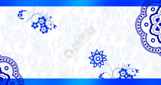 青花瓷花纹图片蓝色花边复古背景设计图片