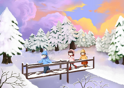 小雪小孩子们过桥背景图片