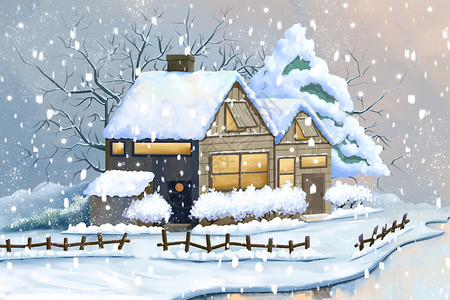围巾手套冬季雪中的房子插画