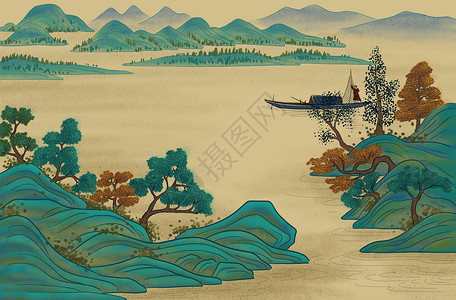 园林古建筑中国画古典山水插画